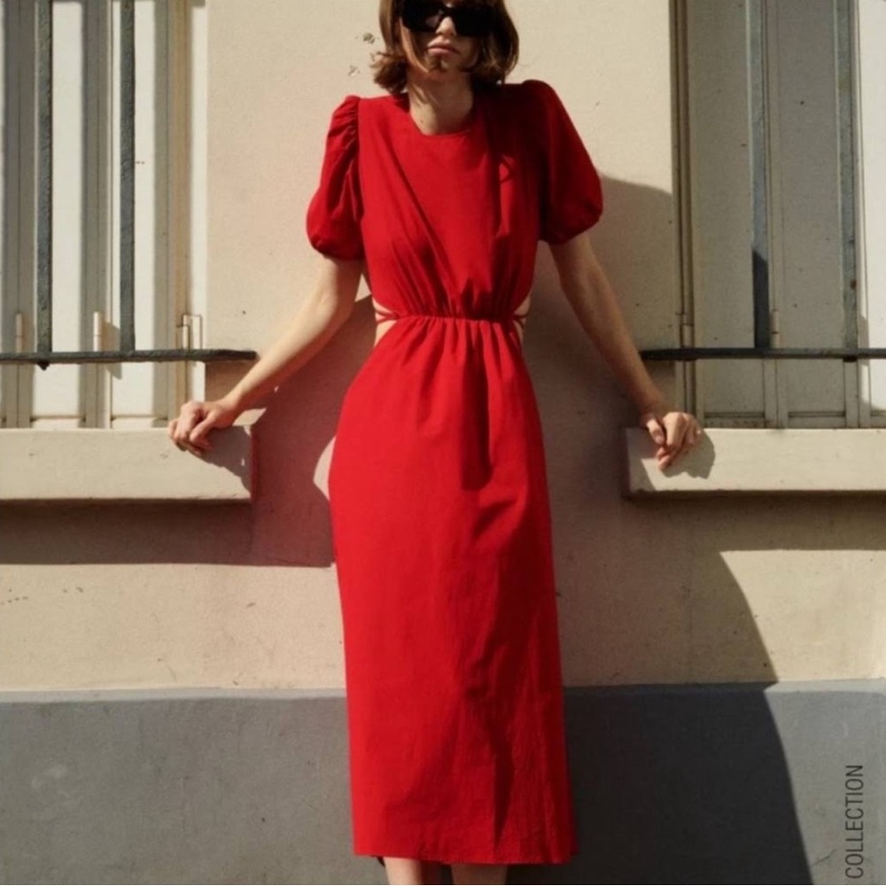 Zara Red Poplin Cut Out Midi Dress